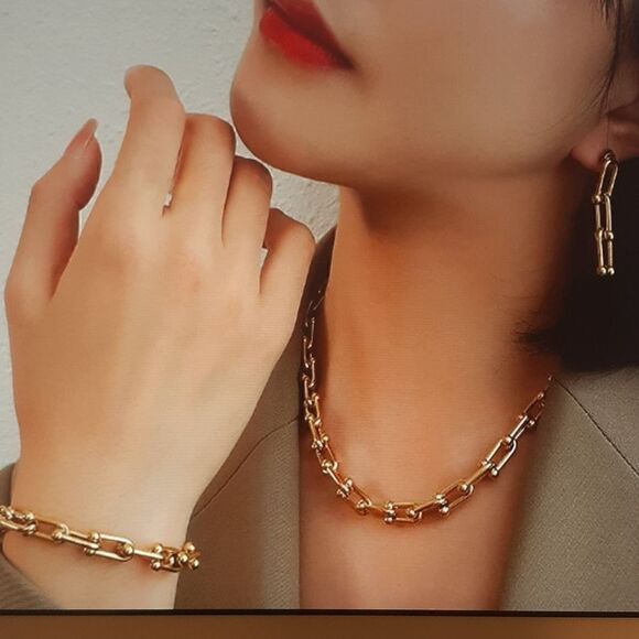 New 3Pc U-Shaped Horseshoe Buckle Bracelet, Earring, Necklace Set New In Box - Picture 1 of 5